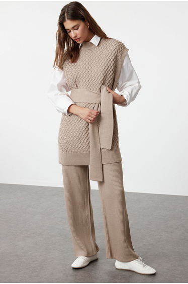 Mink Belted Rice Knit Sweater-Pants Knitwear Bottom-Top Set