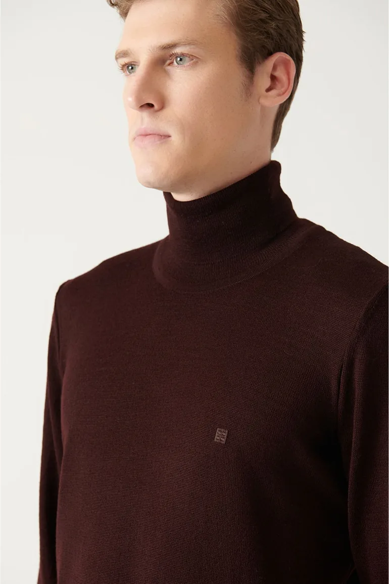 Men's Burgundy Full Turtleneck Wool Blended Standard Fit Normal Cut Knitwear Sweater - 4