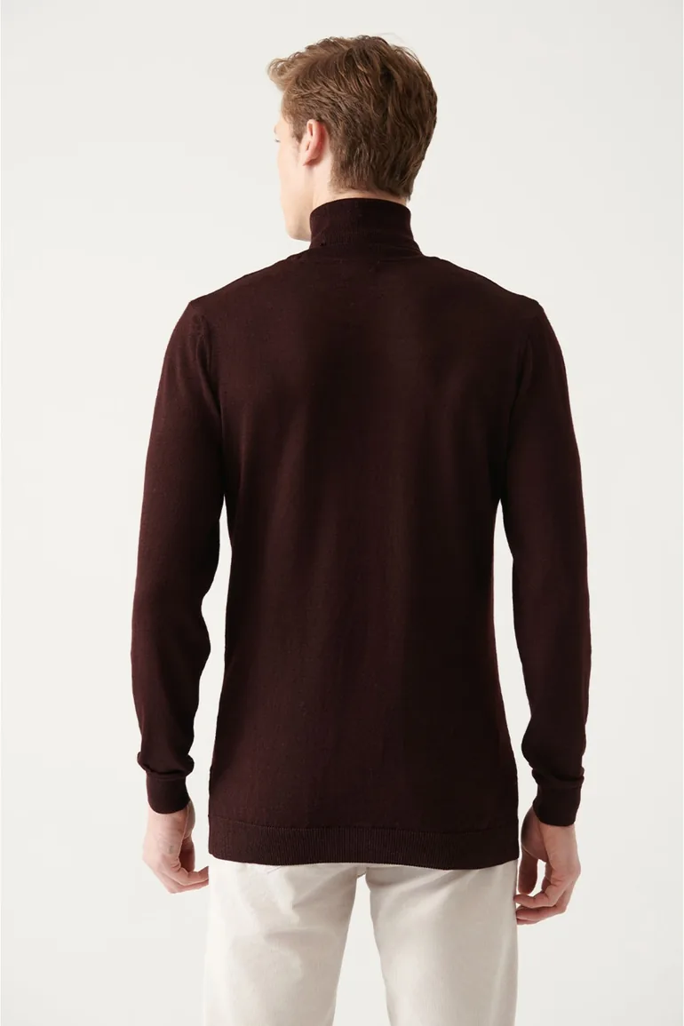 Men's Burgundy Full Turtleneck Wool Blended Standard Fit Normal Cut Knitwear Sweater - 3