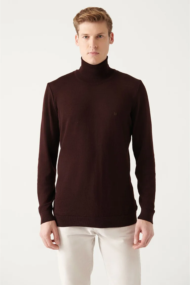 Men's Burgundy Full Turtleneck Wool Blended Standard Fit Normal Cut Knitwear Sweater - 2