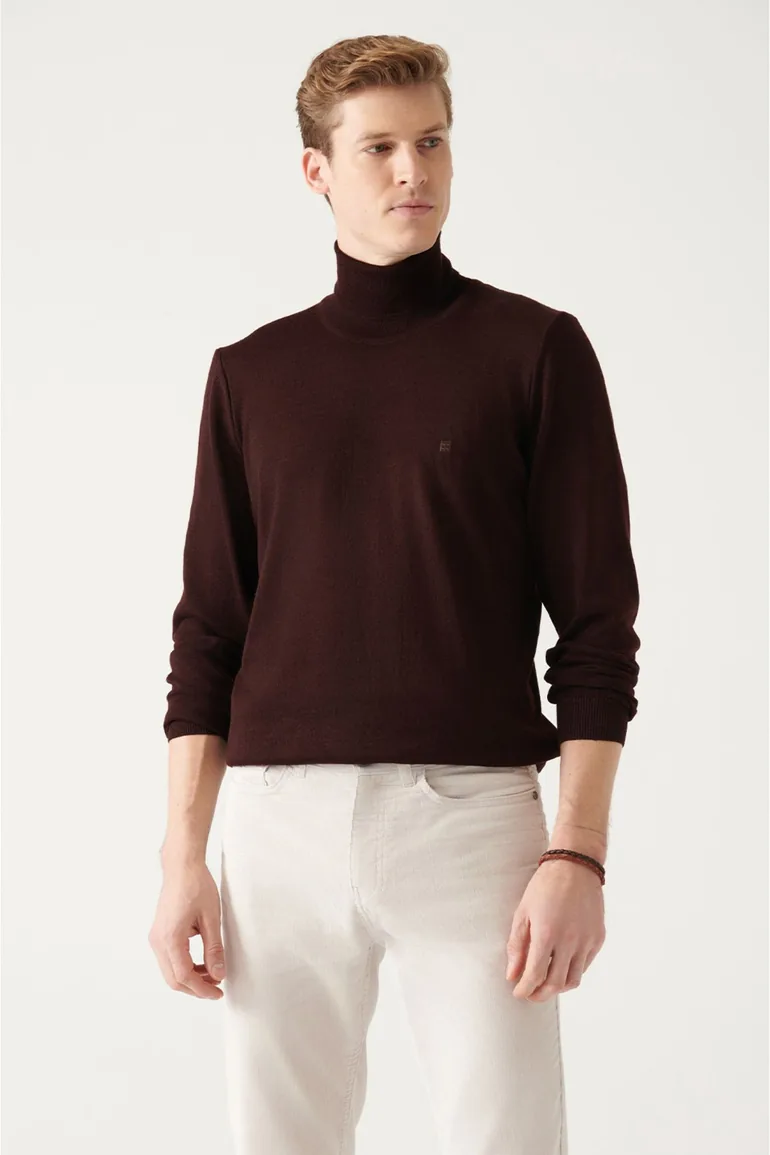 Men's Burgundy Full Turtleneck Wool Blended Standard Fit Normal Cut Knitwear Sweater - 1