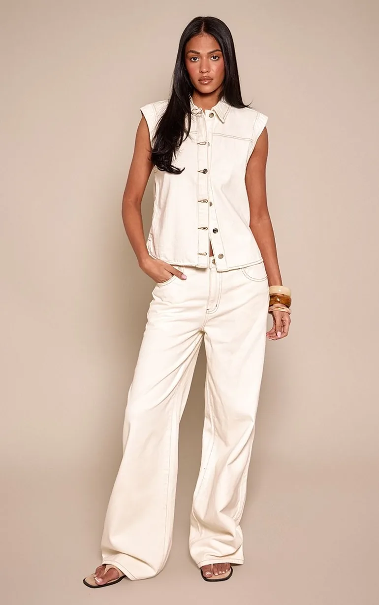 Tall Ecru Extended Shoulder Button Down Denim Top