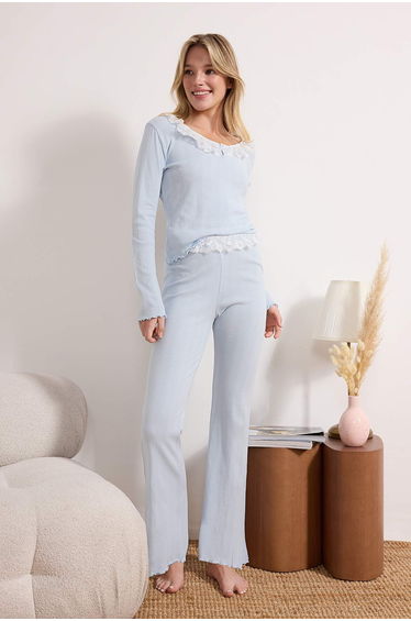 Light Blue Lace Ruffled Corded Fabric /Pointel Knitted Pajama Set