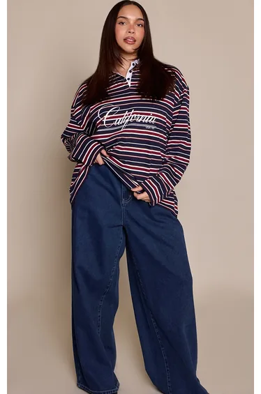 Plus Navy California Print Striped Collar Detail Long Sleeve T-Shirt