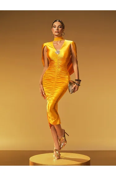 Jexara V Neck Ruched Midi Dress