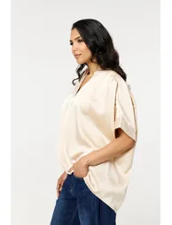 Cream Satin V-Neck Short Sleeve Top - 5
