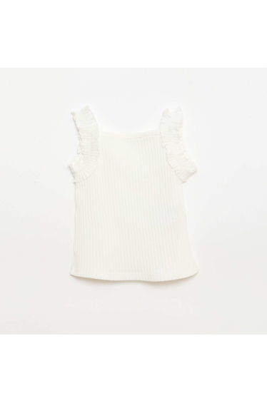 Ribbed Pointelle Tank Top with Ruffled Straps WHITE