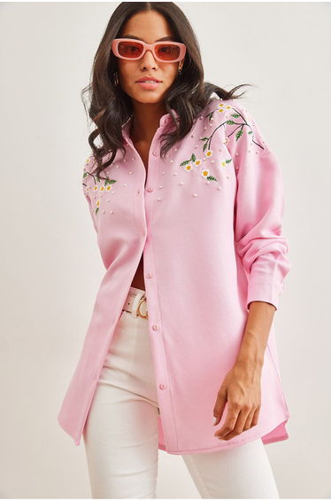Women's Candy Pink Embroidered Pearled Wool Effect Oversize Winter Shirt