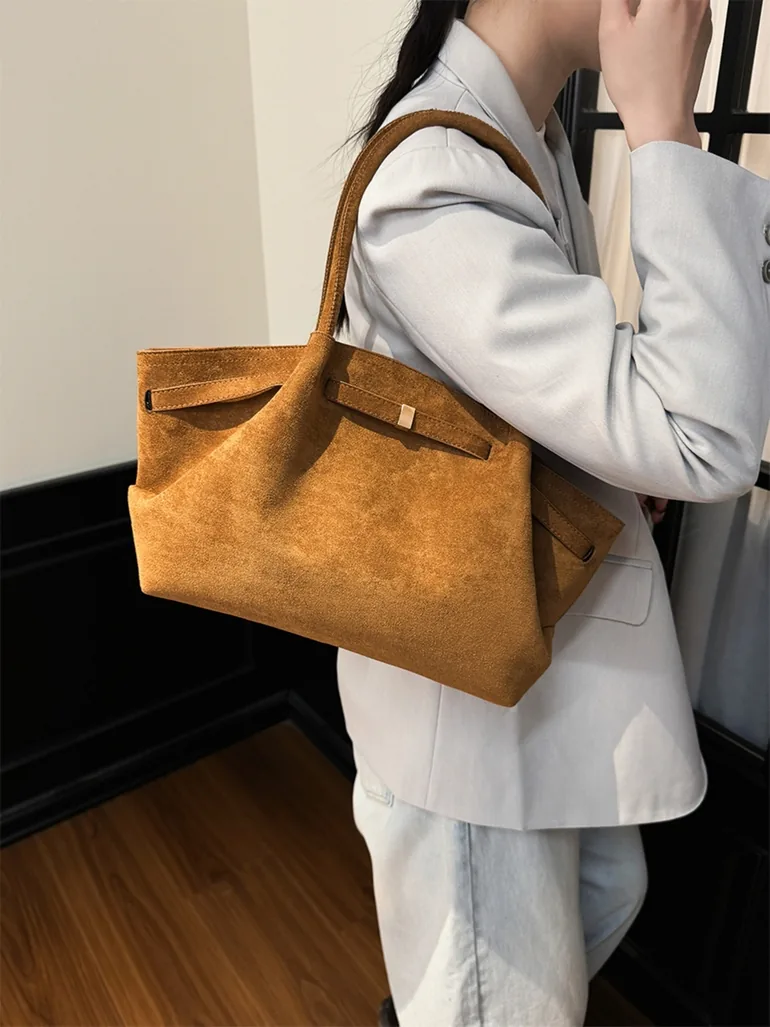 Brown Suede Look Double Strap Shoulder Bag