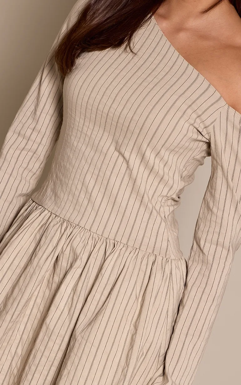 Stone Pinstripe Asymmetric Long Sleeve Shift Dress - 3