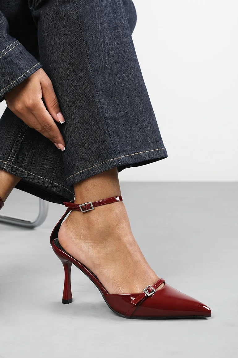 Jordan Strappy Pointed Toe High Heels in Deep Cherry Patent - 4