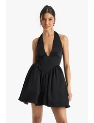 Satin Halterneck Boned Detail Volume Mini Dress - black - 1