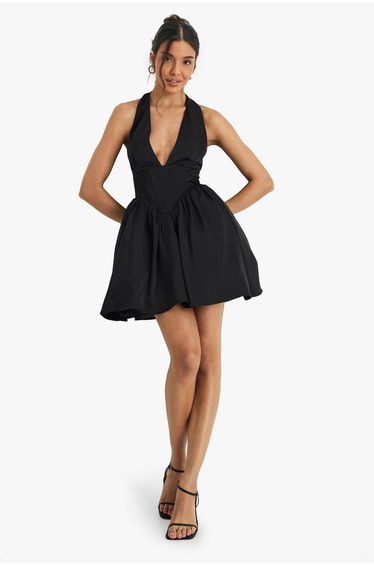 Satin Halterneck Boned Detail Volume Mini Dress - black