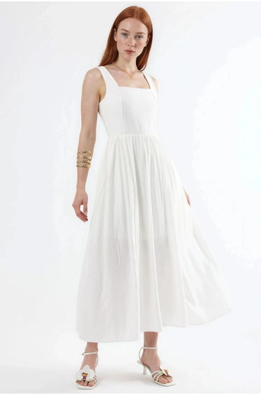 BUSEM Solid Midi Dress with Square Collar