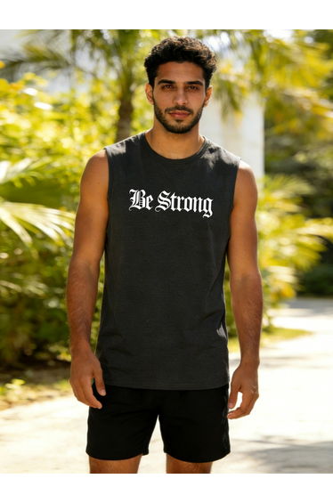 Men Charcoal Text Print Round Neck Tank and Shorts Co-Ords