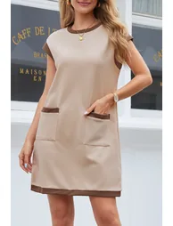 Lvness Parchment Stylish Textured Color Block Trim Shift Mini Dress - 1