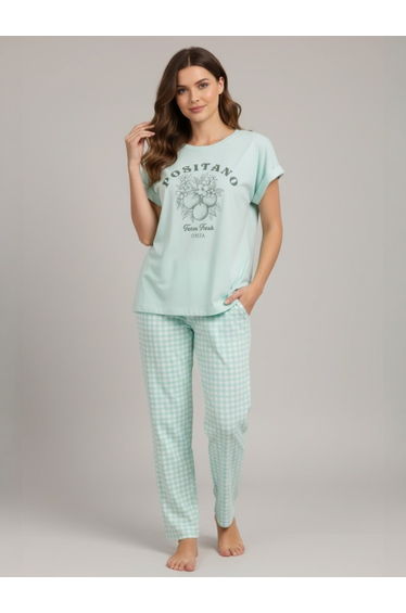 Green Graphic Print T-Shirt and Checked Pyjama Set