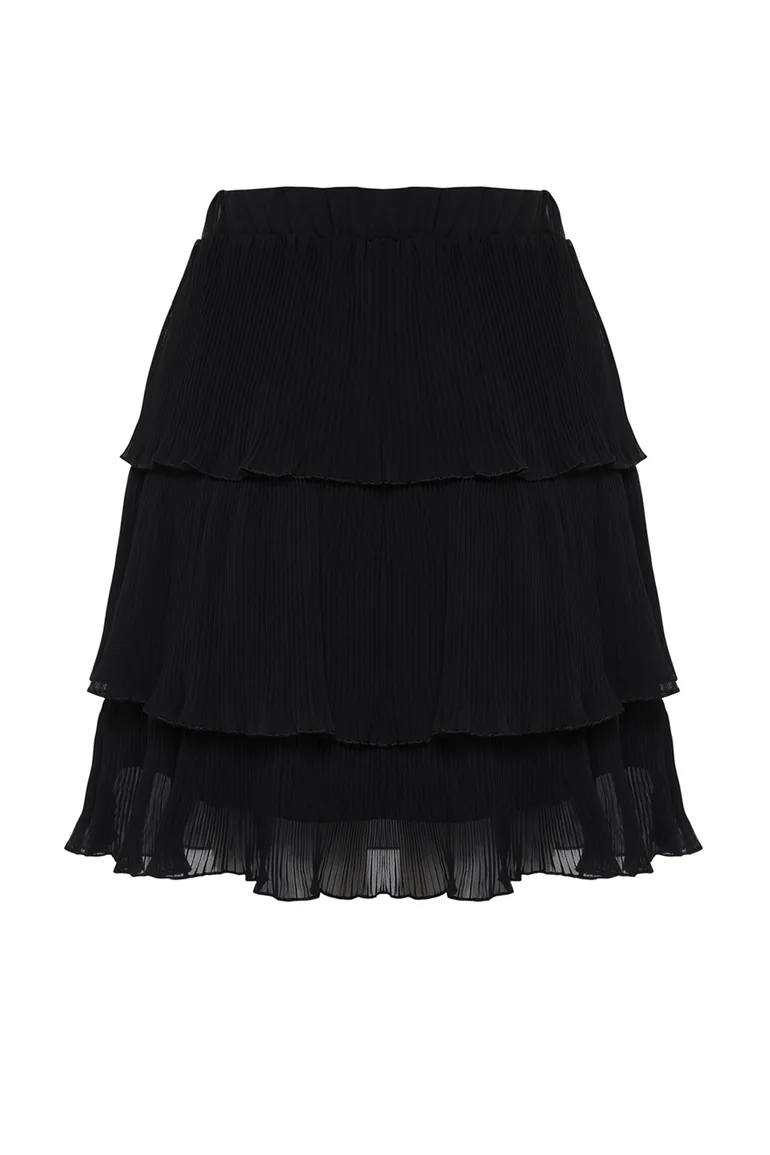 Black Pleated Skirt Ruffled Chiffon Fabric Mini Size Woven Skirt - 5