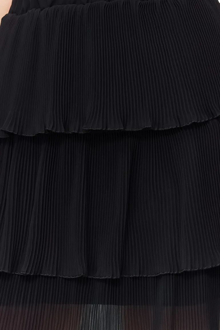 Black Pleated Skirt Ruffled Chiffon Fabric Mini Size Woven Skirt - 6