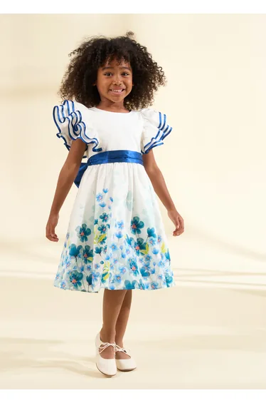 فستان بحزام طويل بحواف بطبعة لون أبيض