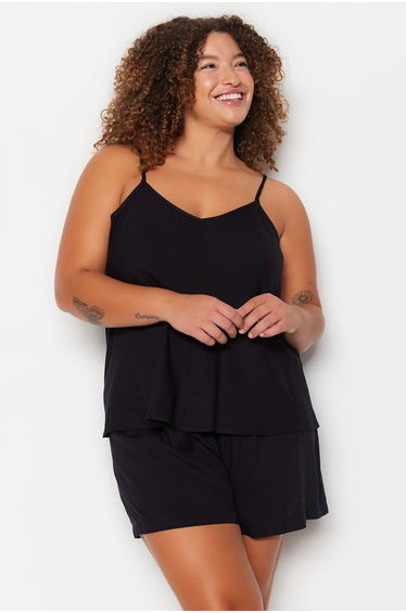 Plus Size Pajama Set - Black - Plain