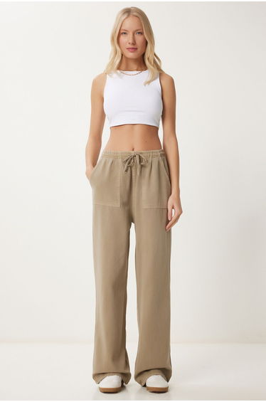 Women's Clay Green Faded Effect Wide Leg Denim Palazzo Pants