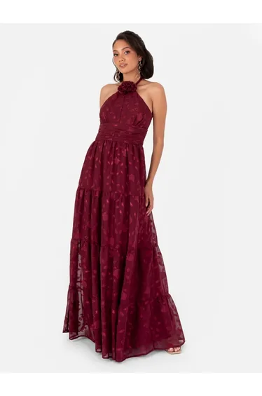 Maya Burgundy Corsage Halter Floral Floor Length Dress