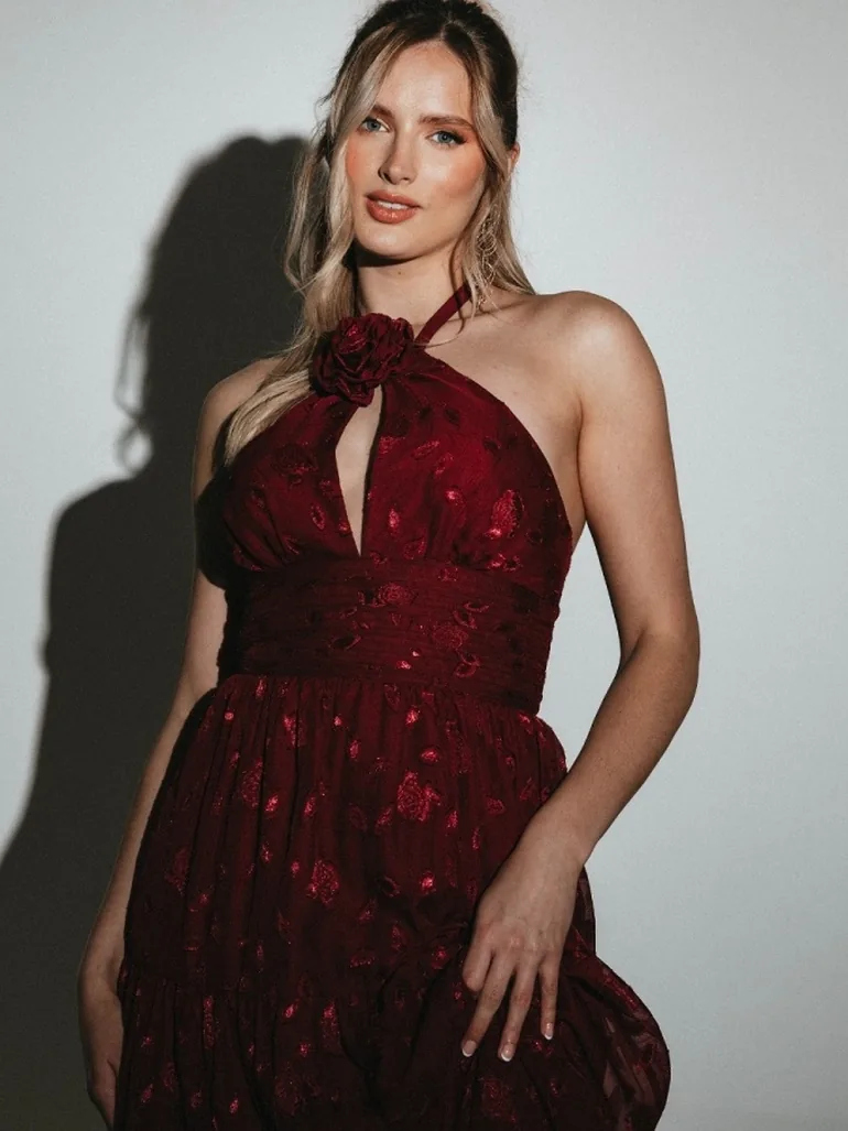Shop Maya Burgundy Corsage Halter Floral Floor Length Dress Online in Oman Shop Maya Burgundy Corsage Halter Floral Floor Length Dress Online in Oman