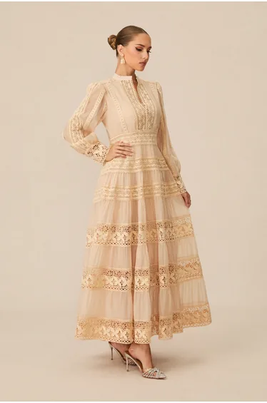Romantic Antique Beige Embroidered Lace Maxi Dress