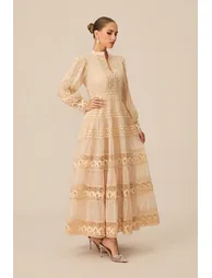 فستان ماكسي دانتيل بتطريز - بيج - 3