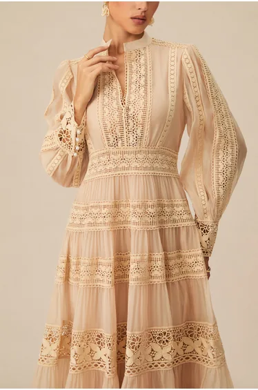 Romantic Antique Beige Embroidered Lace Maxi Dress