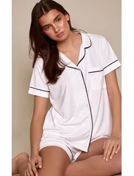 White Soft Jersey Piping Short Sleeve and Shorts PJ Set - 3
