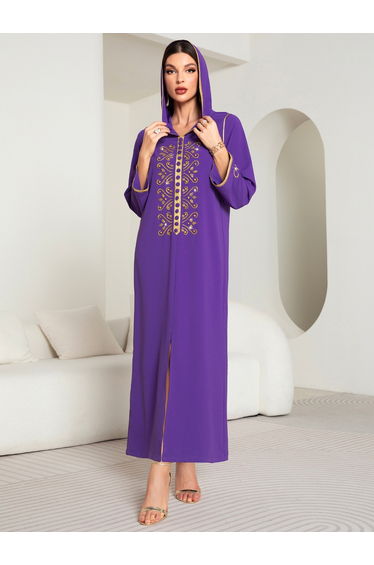 Women Purple Rhinestone Embellished Hooded Jalabiya