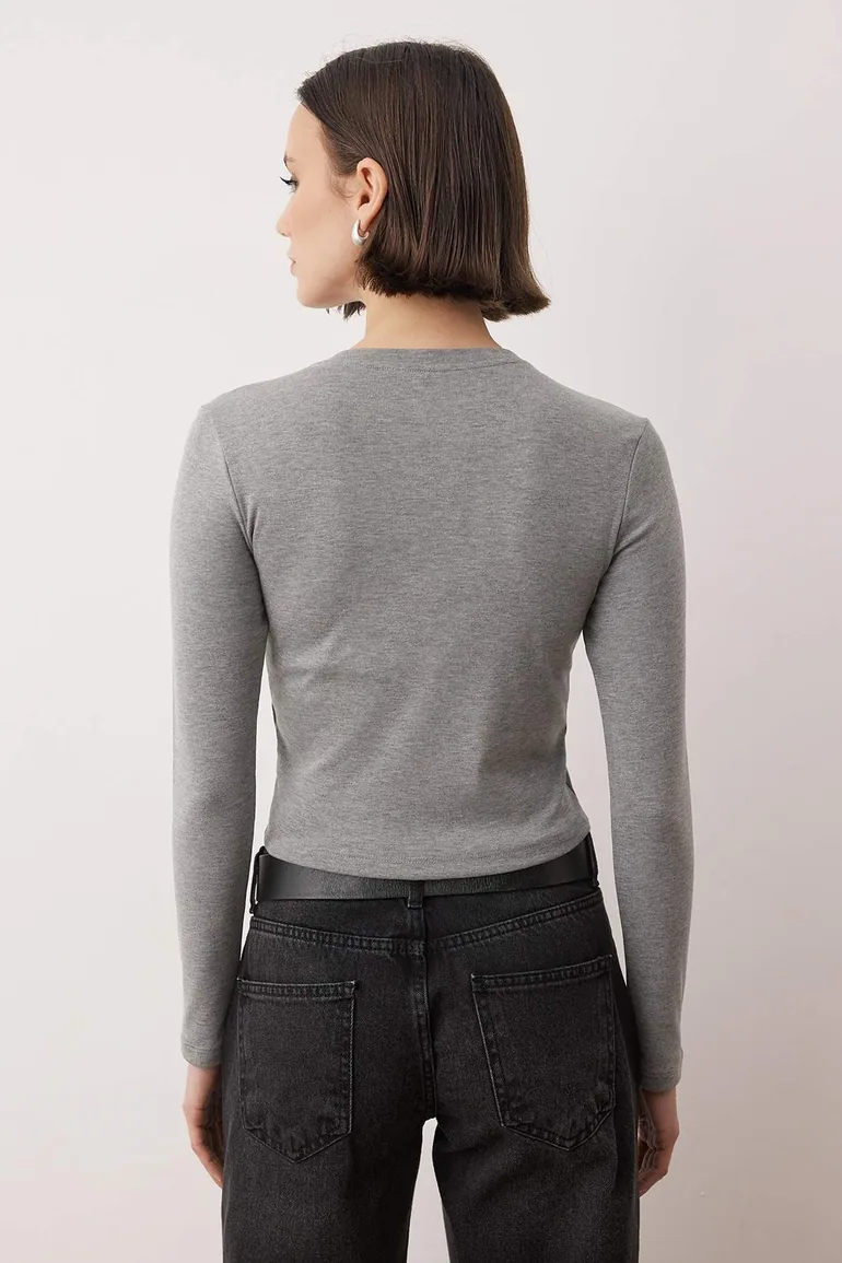 Gray melange premium viscose crew neck crop stretch knit top - 3