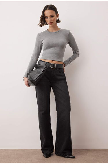 Gray melange premium viscose crew neck crop stretch knit top
