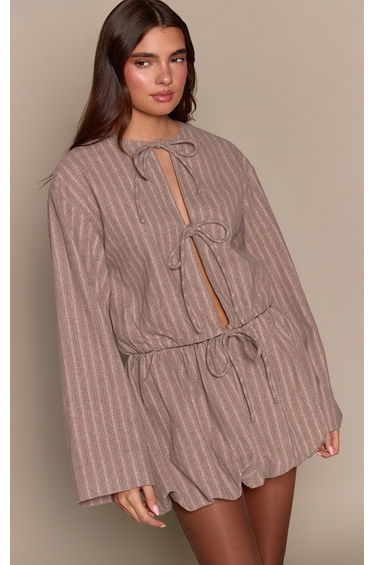 Beige Brushed Pinstripe Tie Front Blouse