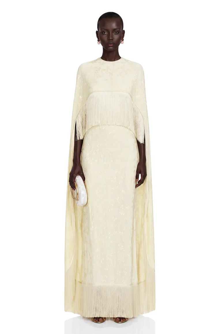 Yolanda Pale Yellow Maxi Dress with Cape Overlay and Fringe