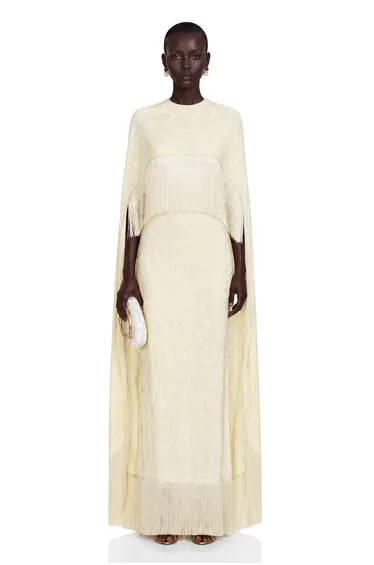 Yolanda Pale Yellow Maxi Dress with Cape Overlay and Fringe