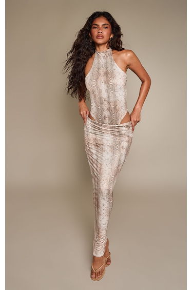 Snake Print Slinky Asymmetric Low Waist Maxi Skirt Co-ord