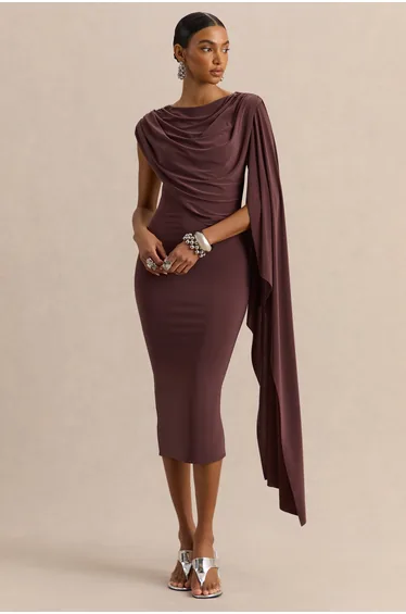 Kamoria | Brown Round-Neck Midi Dress With Cape-Sleeve