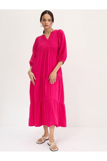 Hot Pink Cotton Tiered Maxi Dress