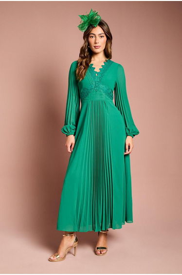 Pleat Detail Lace Trim Maxi Dress