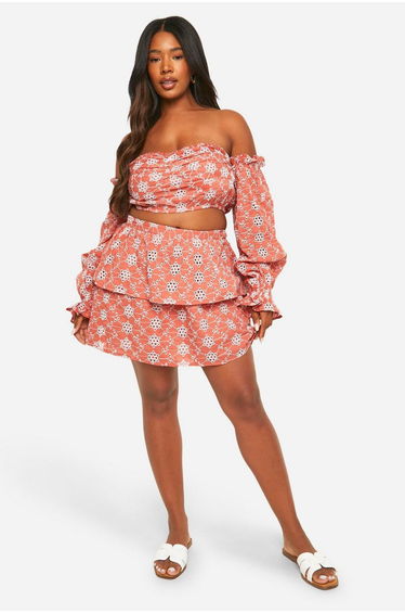 Plus Broderie Tiered Frill Mini Skirt