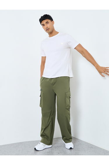 Men Olive Woven Relaxed Fit Cargo Joggers with Zip Pocket
