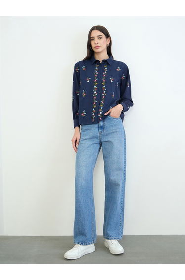 Blue Embroidered Cotton Shirt