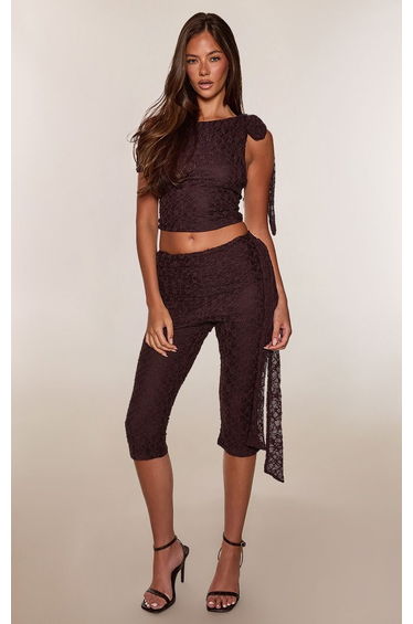 Brown Lace Asymmetric Knot Detail Capri Co-ord