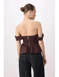 Brown Shirred Peplum Detailed Poplin Party Bustier - 3
