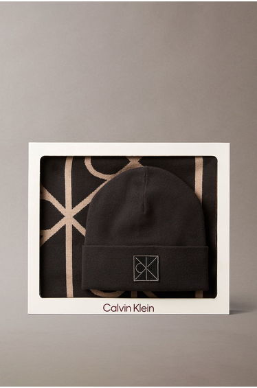 Emblem Beanie + Aop Scarf Black