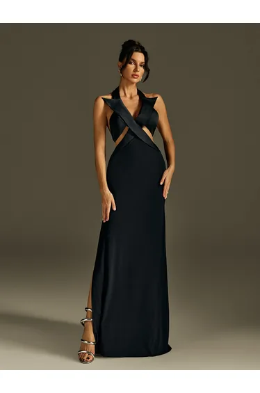 فستان ماكسي بياقة هالتر بفتحات