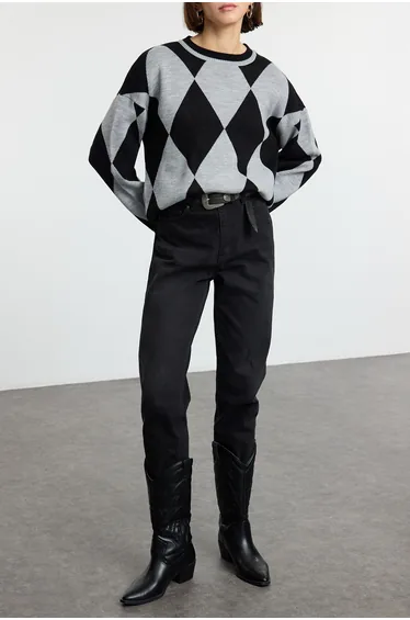 Gray Diamond Patterned Crew Neck Knitwear Sweater